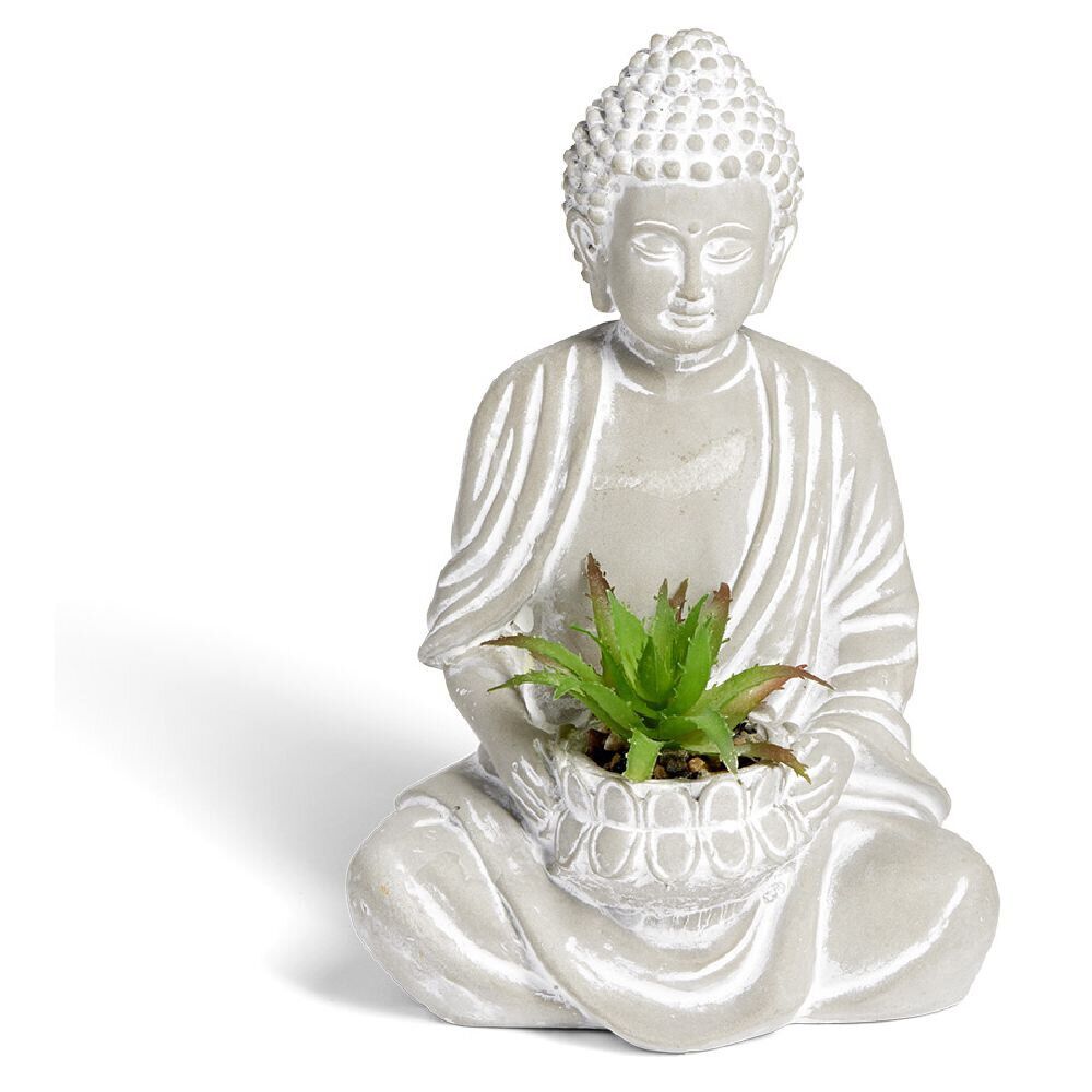 Bouddha en ciment avec plante artificielle H12,3cm