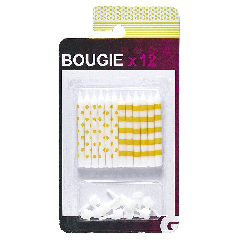 Bougie jaune avec support motif pois et rayures x12