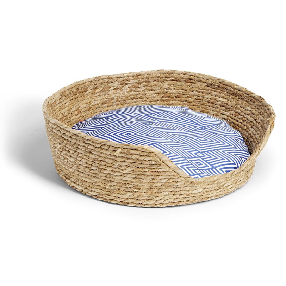 Panier pour chien motif géométrique Ø43xH14cm jonc et polyester bleu