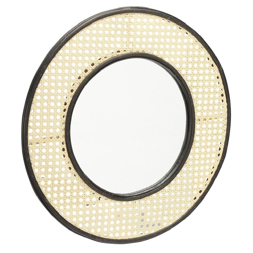 Miroir rond effet cannage noir et naturel Ø48 cm