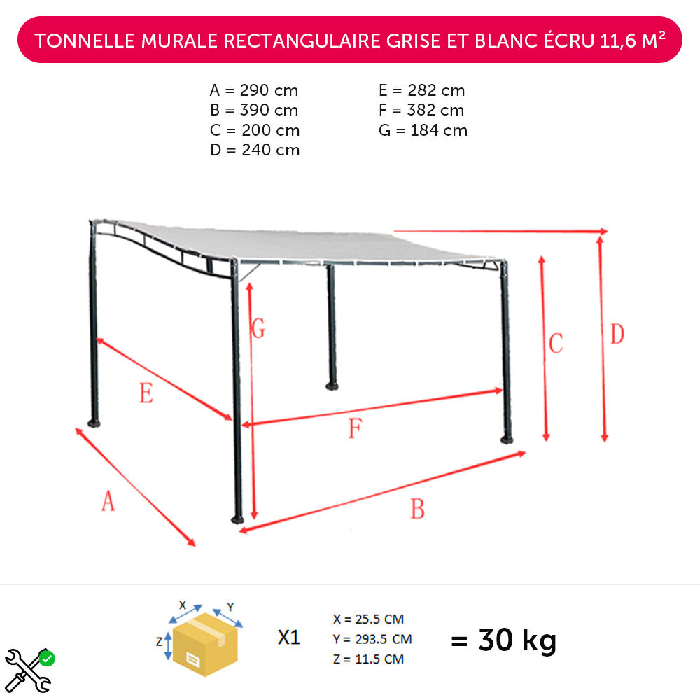 Tonnelle murale rectangulaire grise et blanc écru 11,45 m²