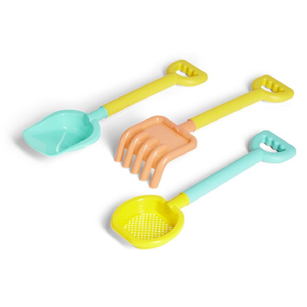 Set jeu de plage pelle, râteau et tamis plastique