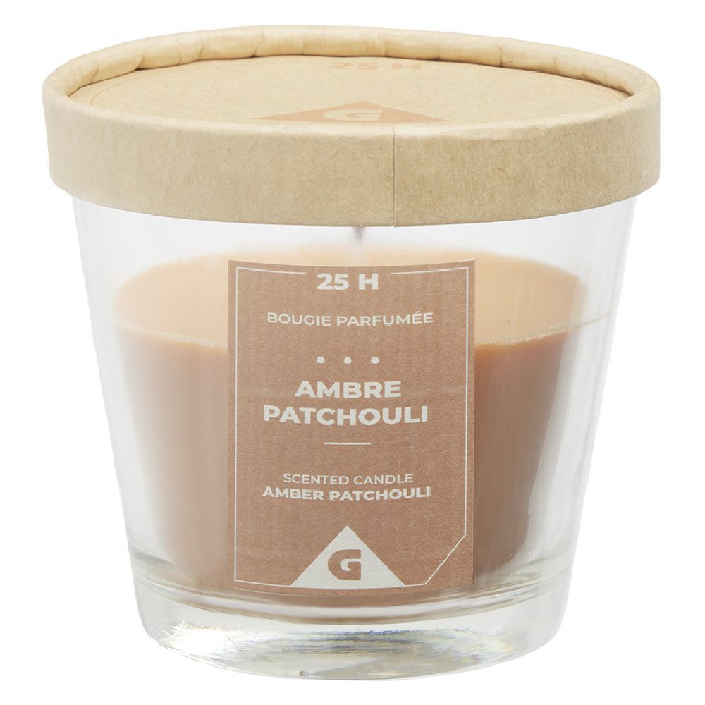 Bougie parfumée dans verre senteur ambre patchouli Ø9xH8,3cm 25H