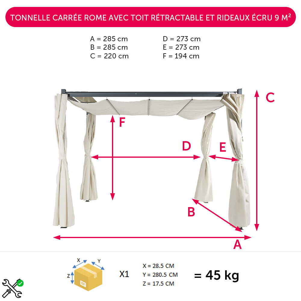Tonnelle carrée Rome avec toit rétractable et rideaux écru 8,1 m²