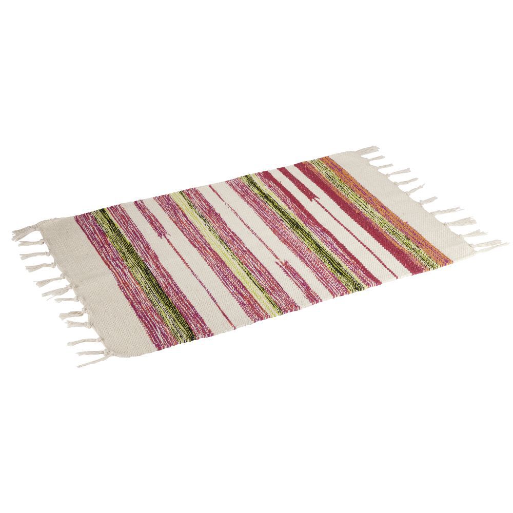 Tapis tressé à franges rayure beige et rouge 100% coton 40x60cm