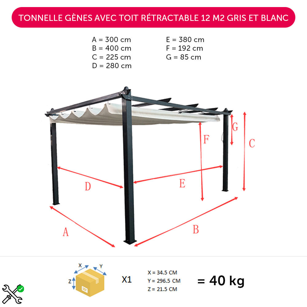 Tonnelle Gènes avec toit rétractable 12 m² gris et blanc