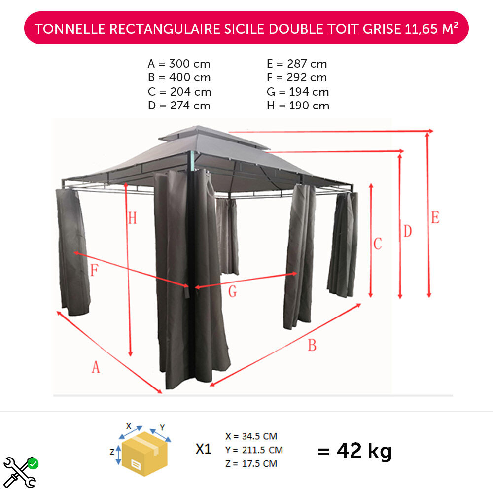 Tonnelle rectangulaire Sicile double toit grise 12 m²