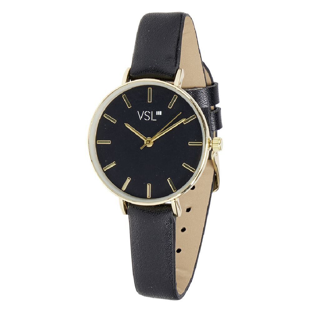 Montre femme cadran doré bracelet simili noir