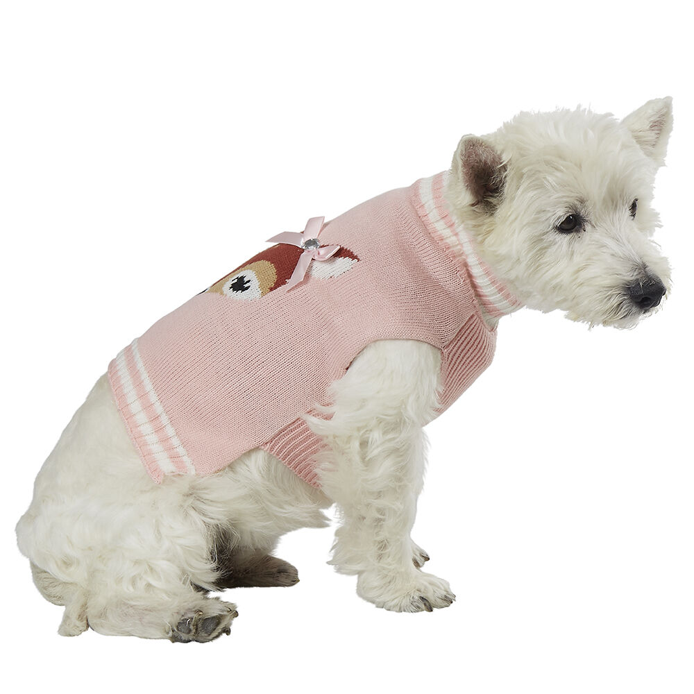 Pull pour chien motif tête de biche rose taille M