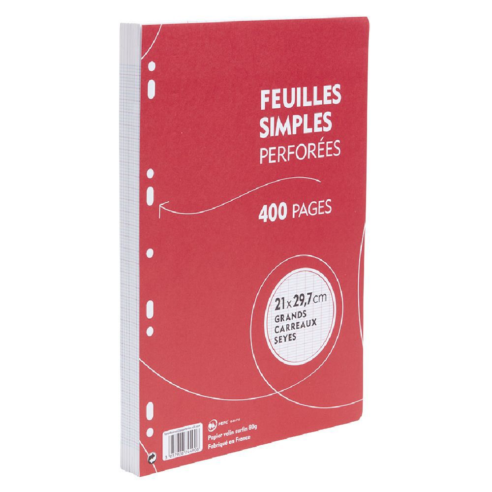 Feuille simple perforée A4 grands carreaux 21x29,7 cm x400