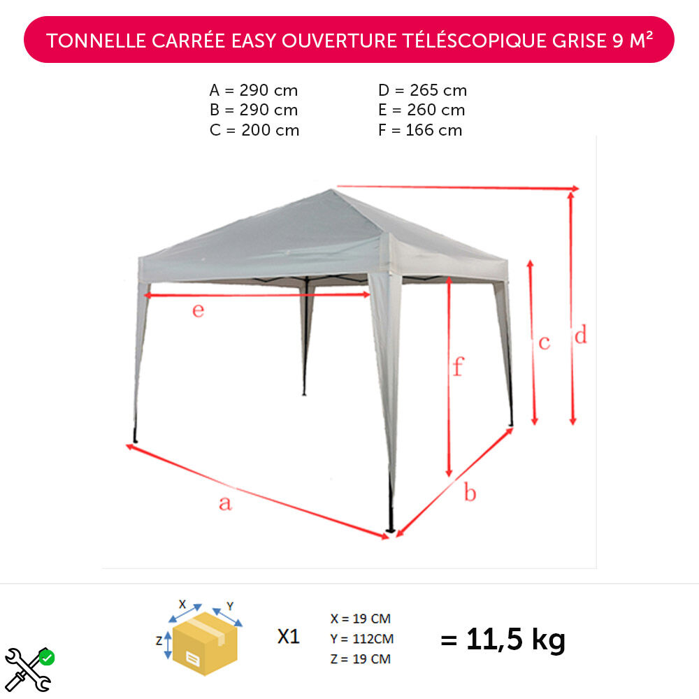 Tonnelle carrée Easy ouverture téléscopique grise 8,4 m²