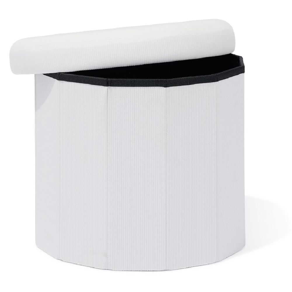 Pouf coffre rond pliable velours côtelé blanc Ø40xH36 cm