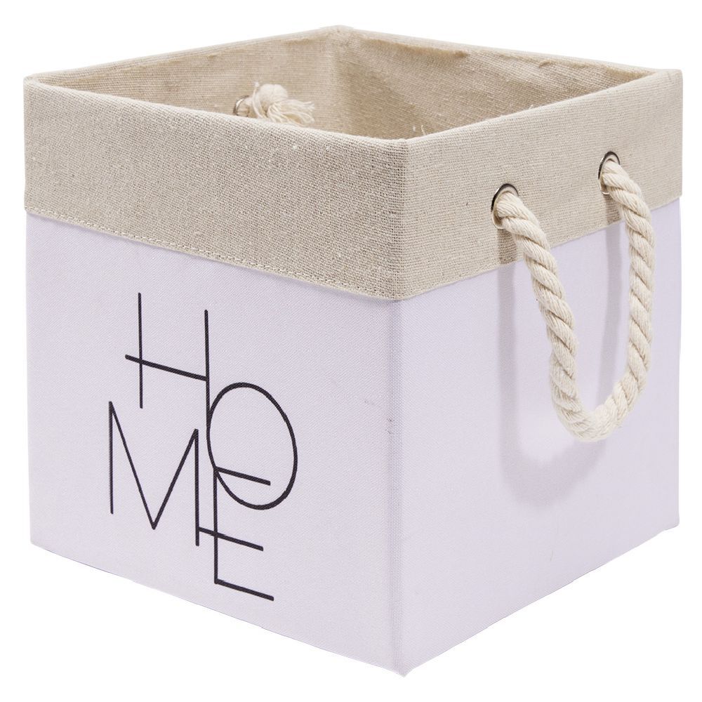 Boîte rangement carré tissu inscription Home beige blanc - 18x18xH18cm