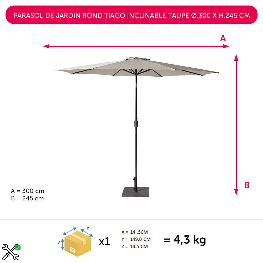 Parasol de jardin rond Tiago inclinable taupe Ø.300 x H.245 cm