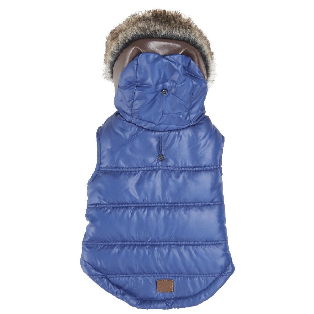 Doudoune pour chien bleu capuche à fourrure marron taille M