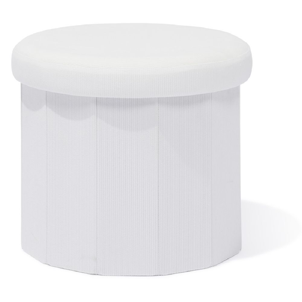 Pouf coffre rond pliable velours côtelé blanc Ø40xH36 cm