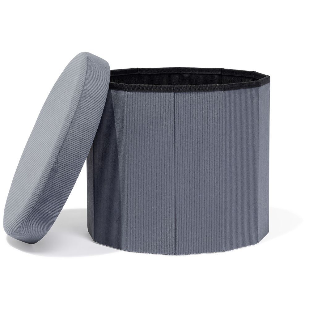 Pouf coffre rond pliable velours côtelé gris Ø40xH36 cm