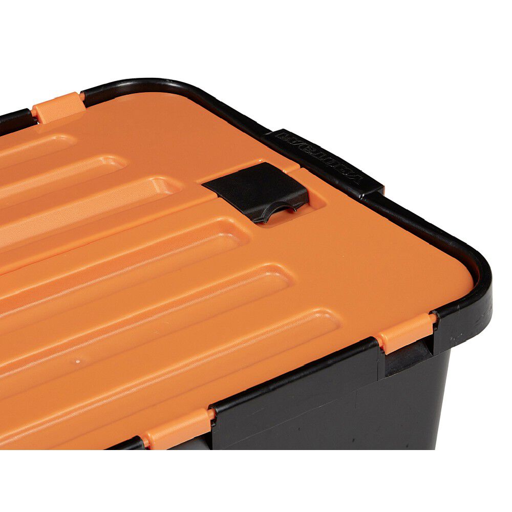 Box de rangement brico noir avec couvercle orange à double ouverture 34L