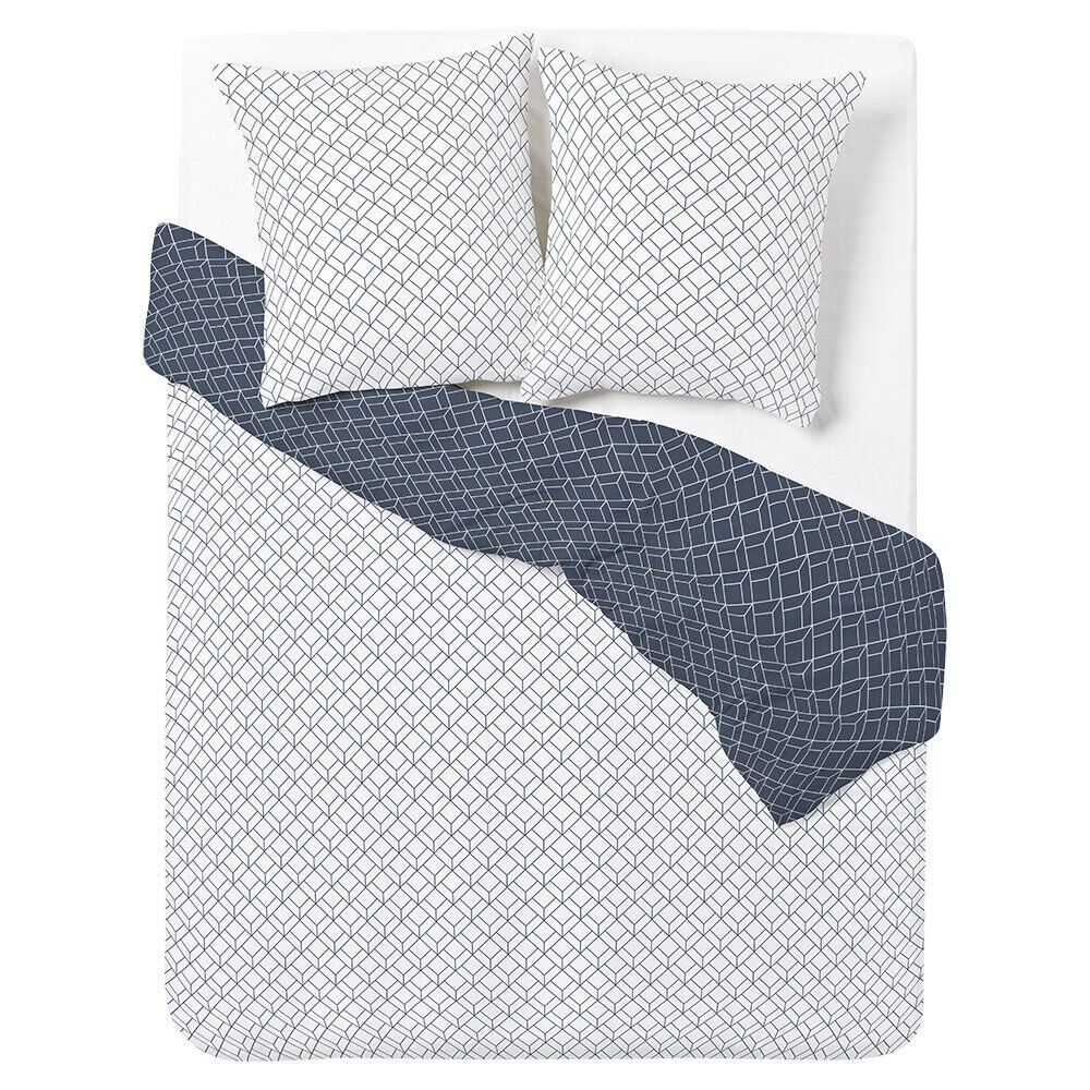 Parure de lit 2 personnes 240x220cm polycoton motif géométrique bleu blanc