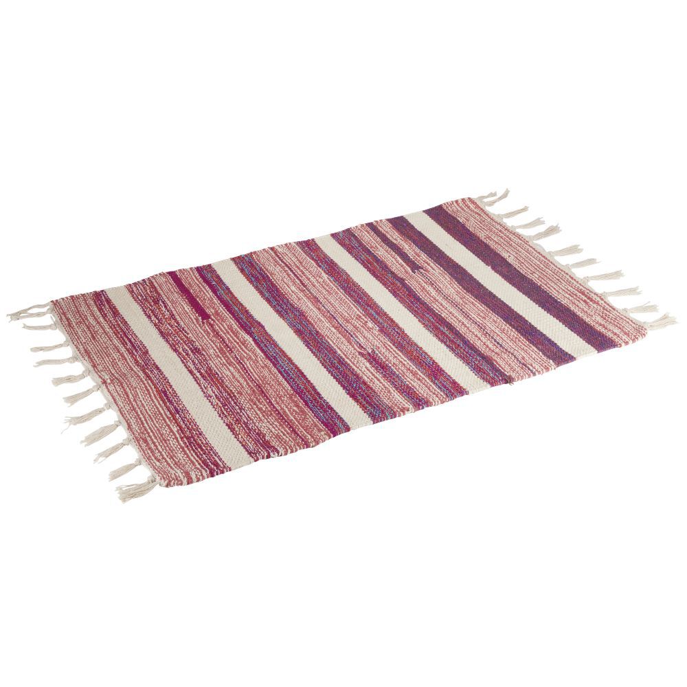 Tapis tressé à franges rayure beige et rouge 100% coton 40x60cm