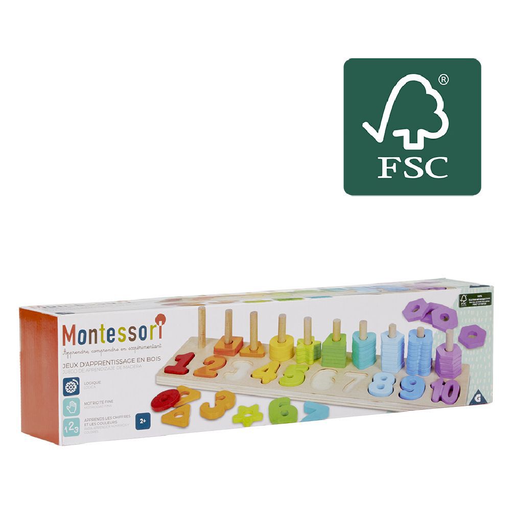 Jeu d'apprentissage en bois certifié FSC® Montessori - chiffres et couleurs