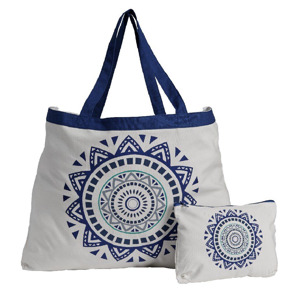 Sac de plage et pochette en coton bleu et blanc